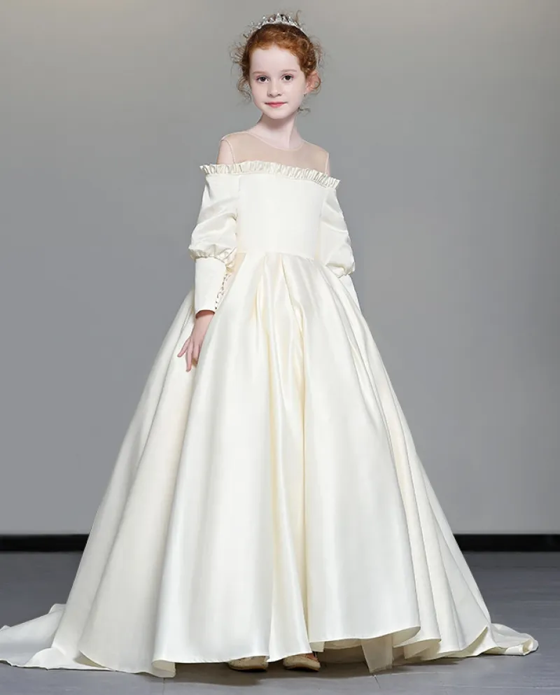 Abito per bambini Nuovo abito da principessa a maniche lunghe in raso Abito da sposa per bambini