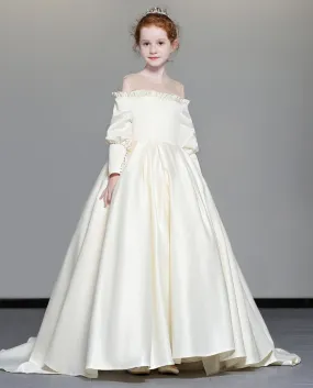 Abito per bambini Nuovo abito da principessa a maniche lunghe in raso Abito da sposa per bambini