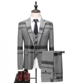 Blazer da uomo blu grigio scozzese da uomo Giacca da giacca Pantaloni Gilet 3 pezzi Set 202 Abito da smoking da lavoro slim fit