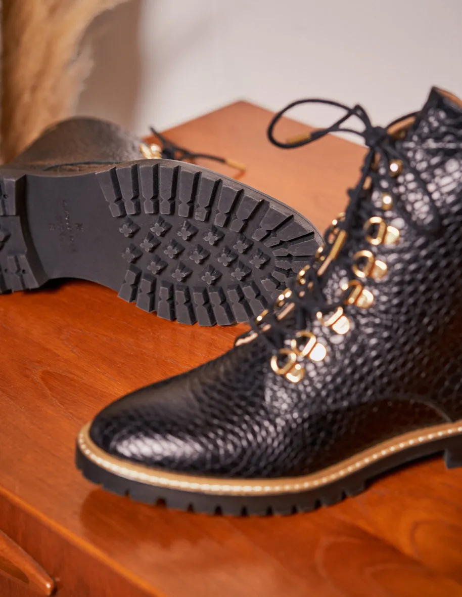 Bottines à lacets Alix - Cuir Croco Noir