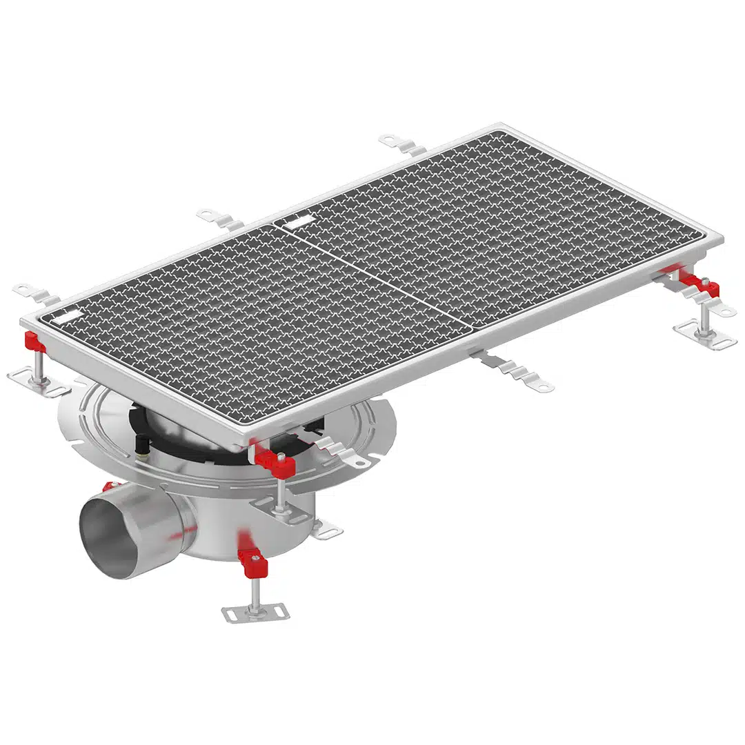 Caniveau en inox 600 x 270 mm: Grille incluse pour une sortie horizontale