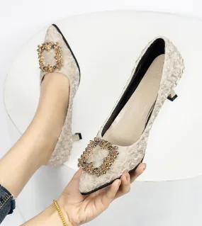 Donne Tacchi Alti Moda Bocca Superficiale Strass Tacco Grosso Scarpe Antiscivolo Ufficio Signore Partito Temperamento Pieghe Pom