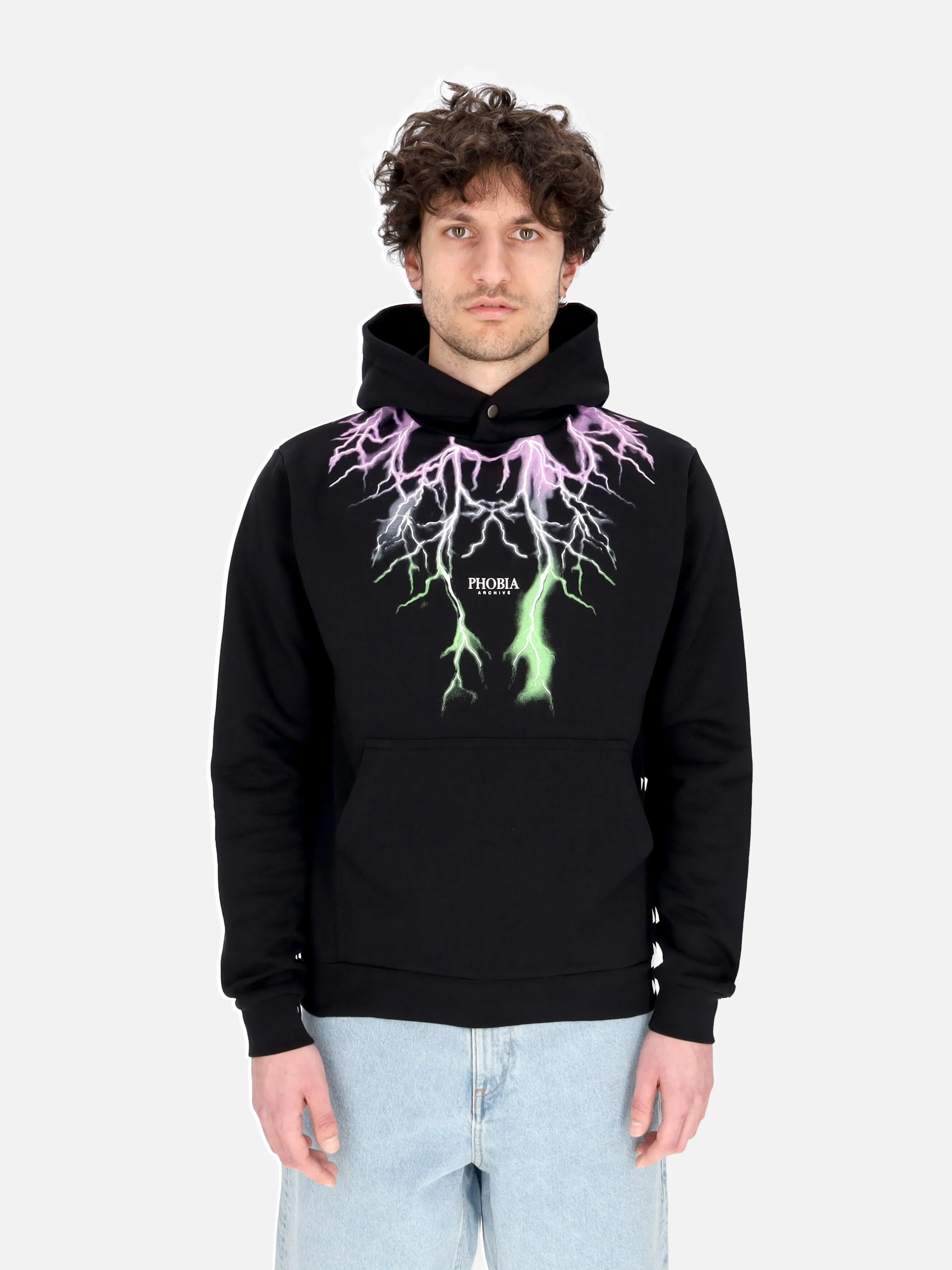 Felpa Leggera Cappuccio Uomo Bicolor Lightning Print Hoodie Black