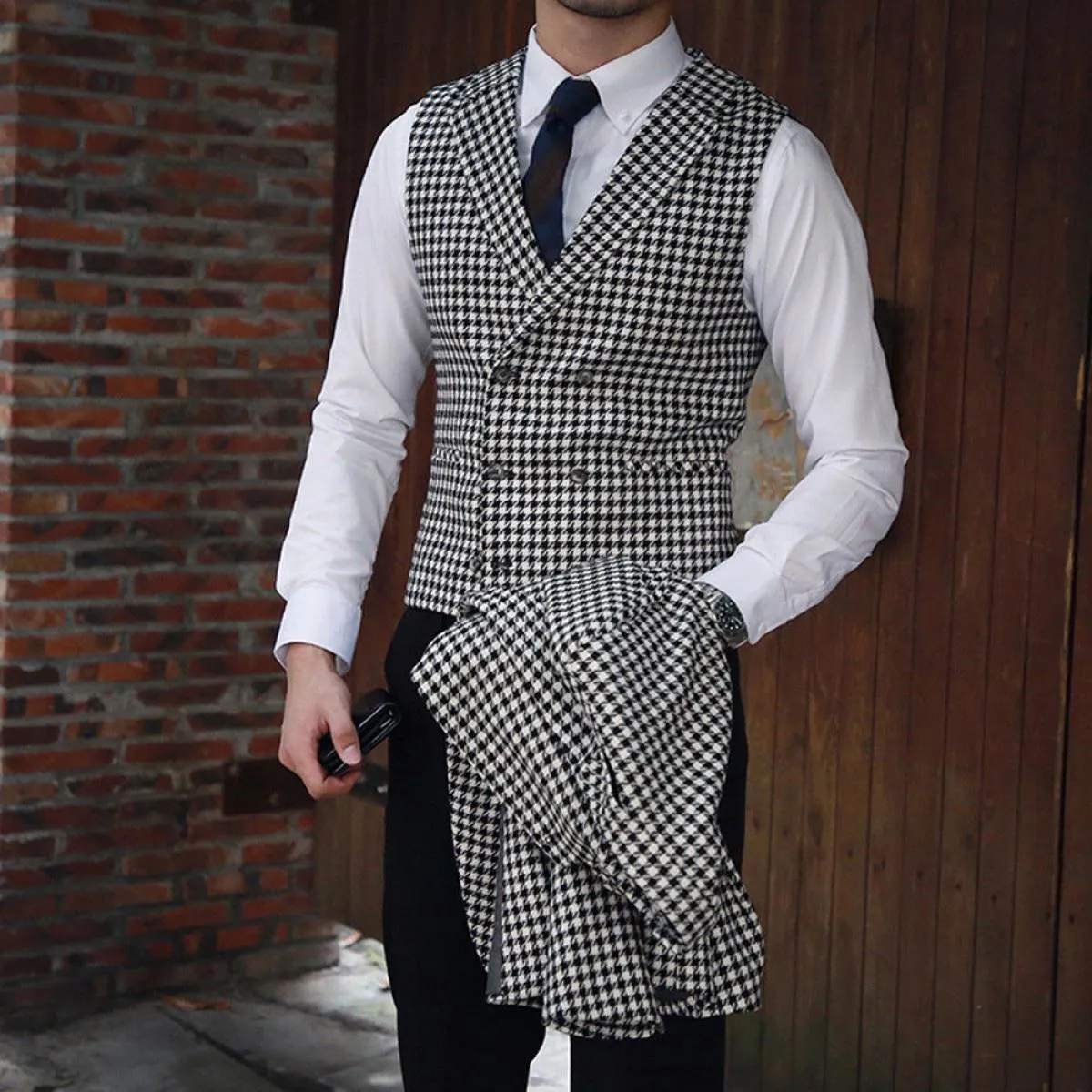 Giacca pied de poule da uomo e gilet pied de poule per abiti da sposa Smoking formali in tweed Abiti da uomo su misura Giacca +