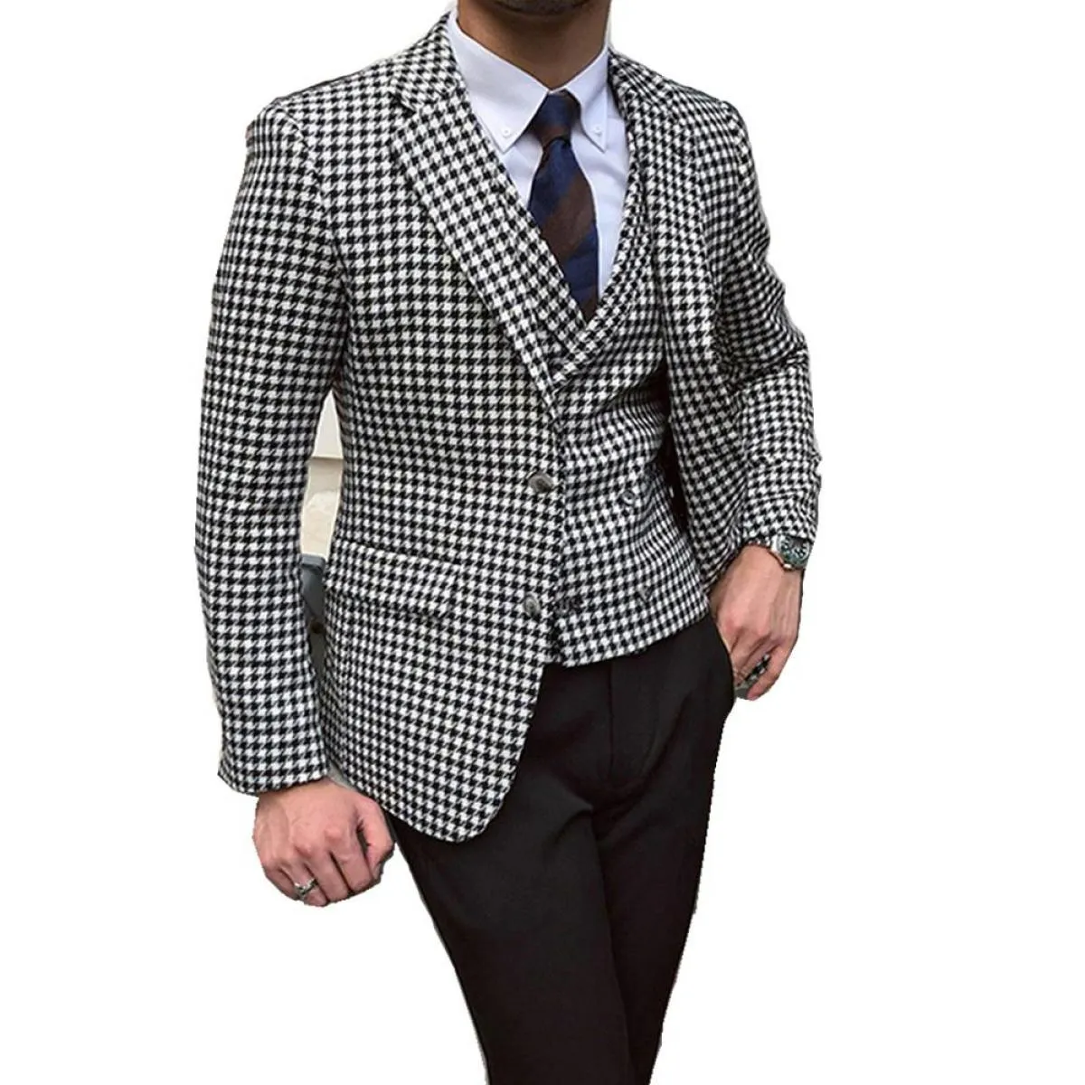 Giacca pied de poule da uomo e gilet pied de poule per abiti da sposa Smoking formali in tweed Abiti da uomo su misura Giacca +