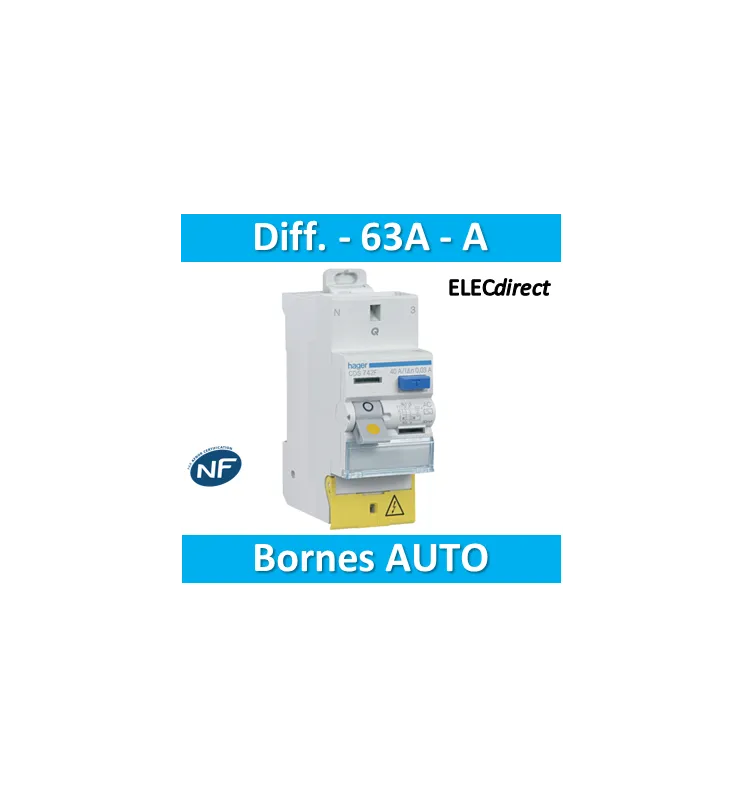 HAGER - Inter différentiel 2P - 63A - 30mA - Type A - AUTO - CDS765F -
