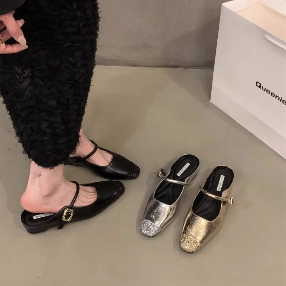 Interno Innalzamento Argento Baotou Mezze Pantofole Scarpe da Donna Usura Esterna Alla Moda 2024 Nuova Estate Francese Pigro Mez