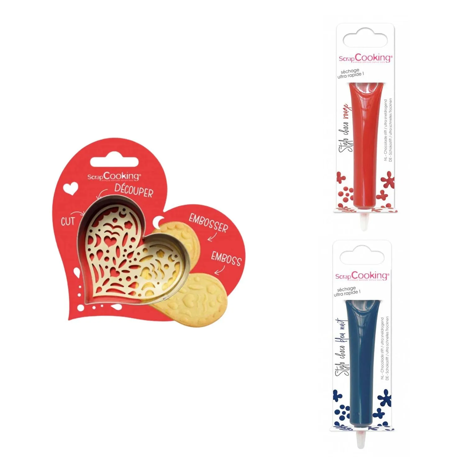 Kit pour biscuit en relief Coeur + 2 Stylos au chocolat rouge et bleu  