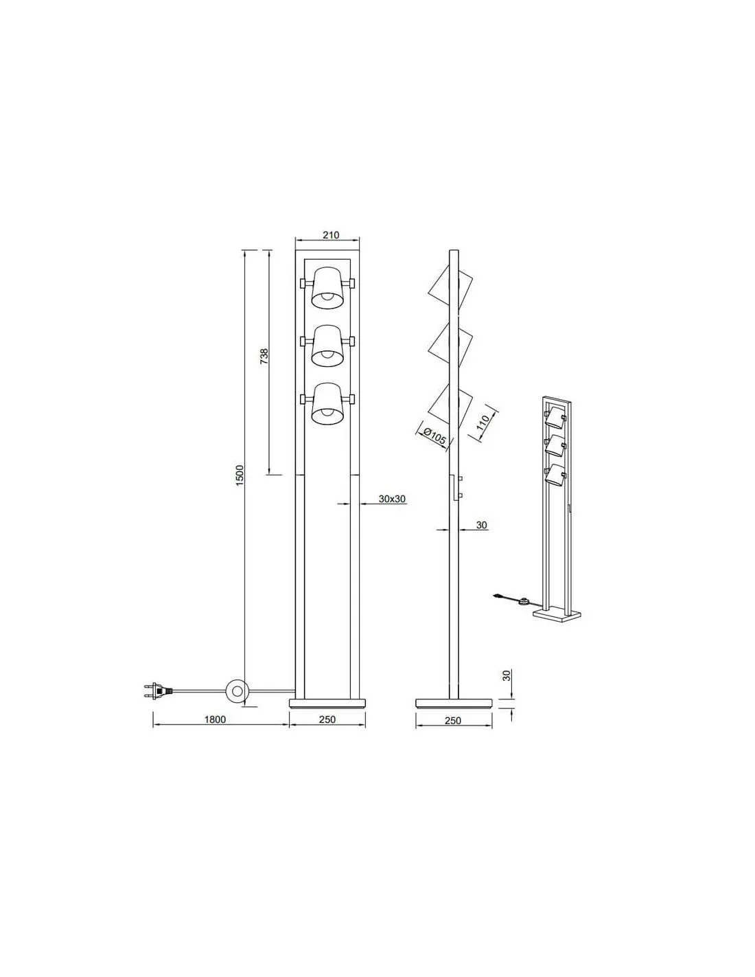 Lampadaire LED BELL L avec interrupteur au pied, métal et bois | LéonLeds