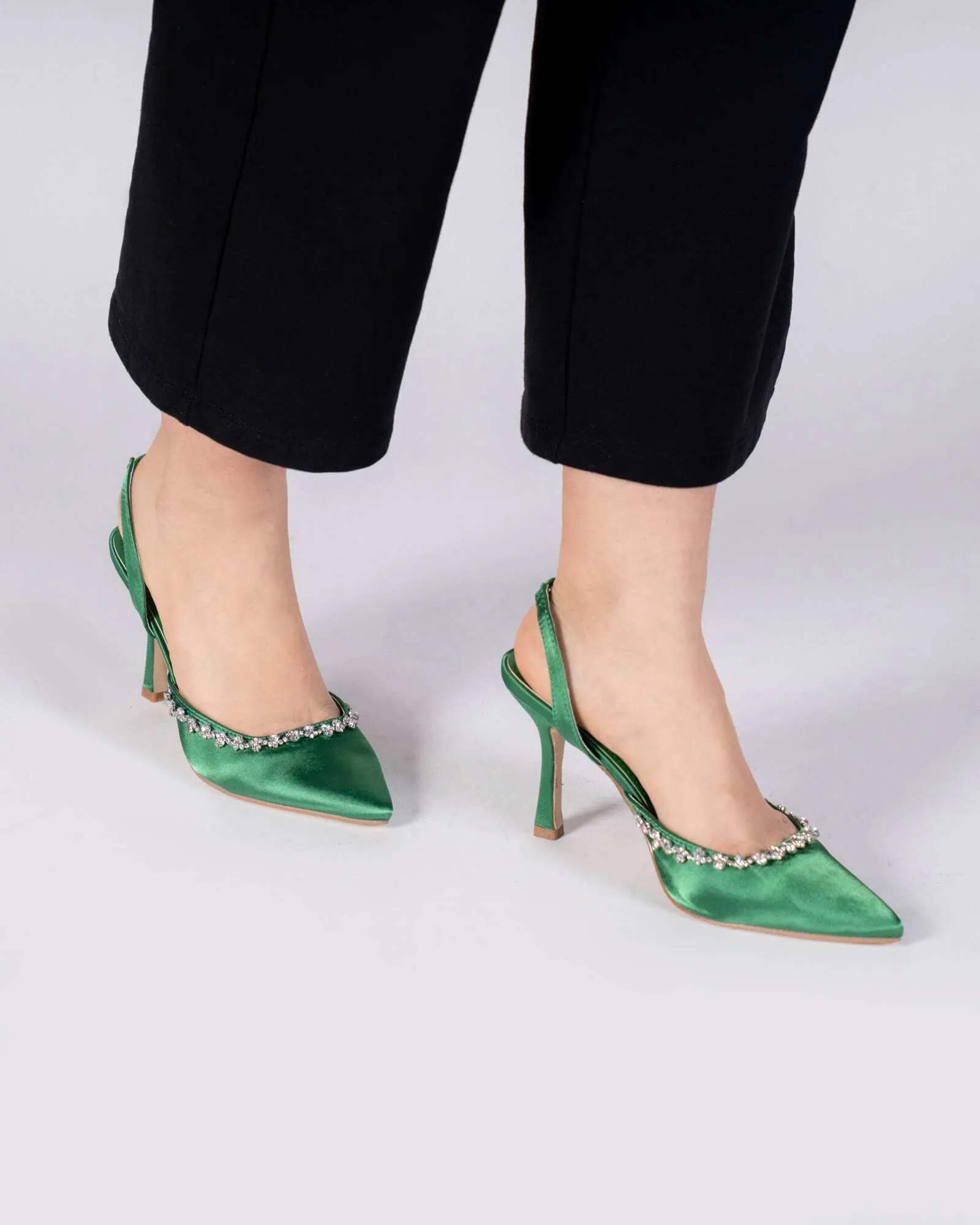 Mules con tacco e bordatura in strass - Verde