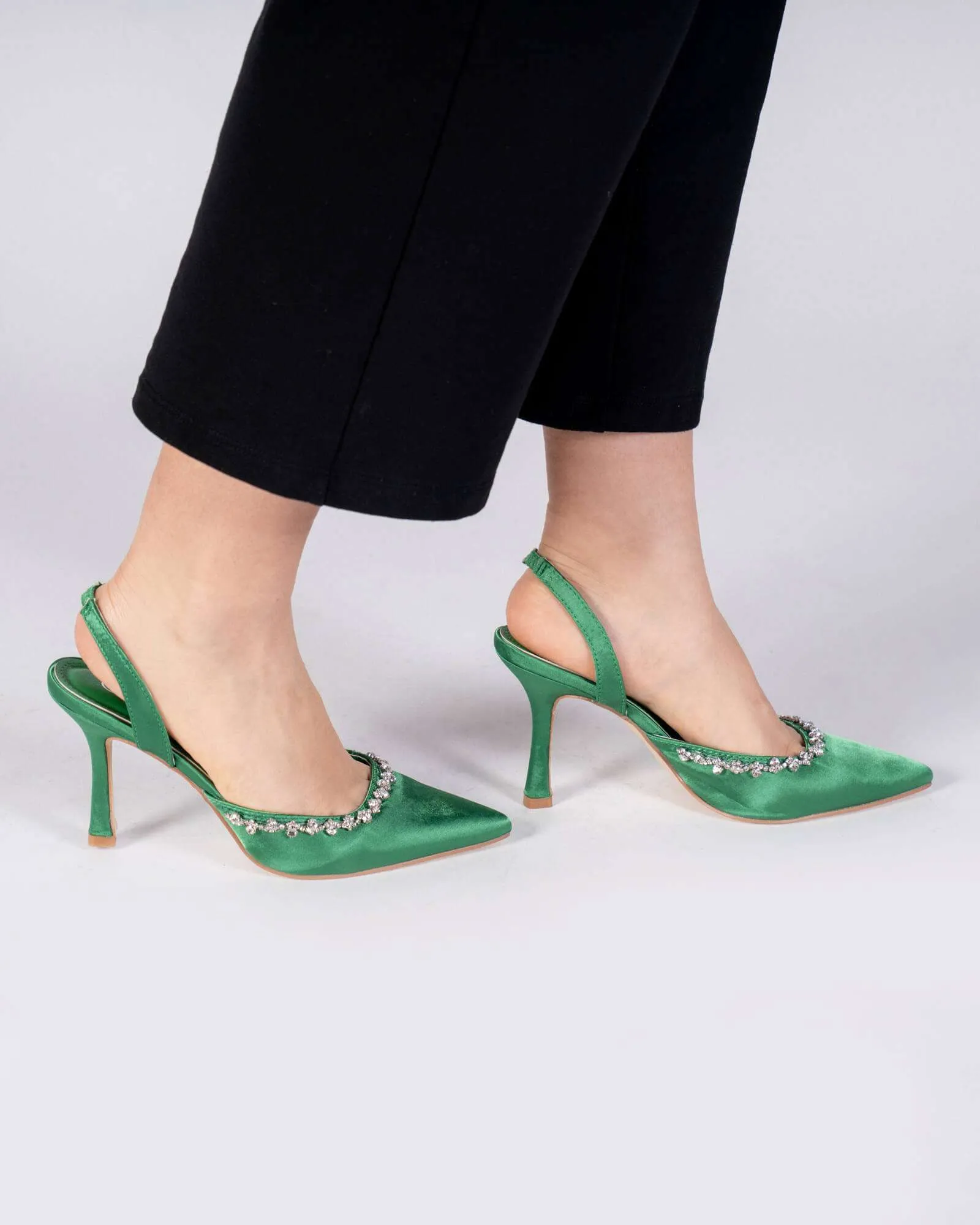 Mules con tacco e bordatura in strass - Verde