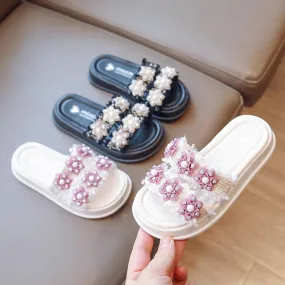 Pantofole da ragazza Fondo spesso floreale Bellissimi cursori estivi per bambini in tinta unita Scarpe per bambini per il tempo