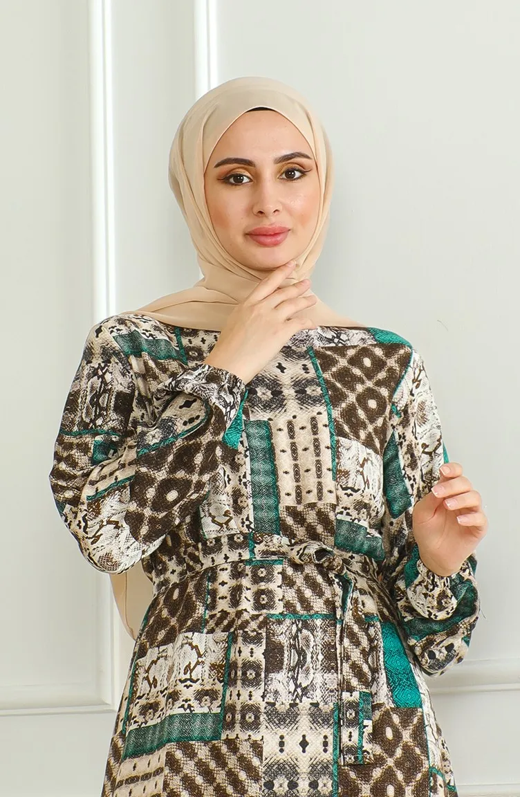 Robe Viscose A Motifs Et Ceinturée 0502-04 Marron Vert 0502-04