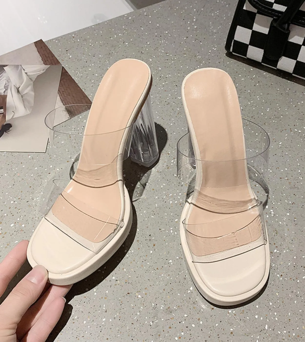 Tacchi alti trasparenti Donna Sandali con punta quadrata Scarpe estive Donna Décolleté alti trasparenti Da sposa Jelly Buty Dams